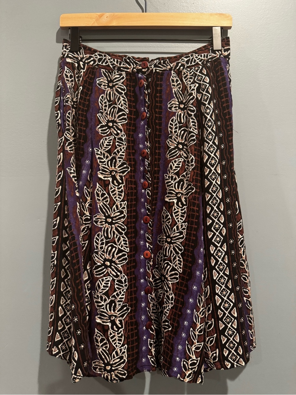 Vintage New York Style Boho Button Front Midi Skirt Rayon Size M